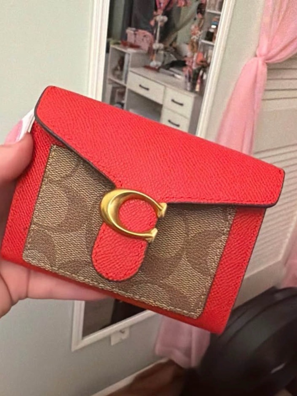 Coach Red and Brown Signature Small Wallet with Gold C Hardware